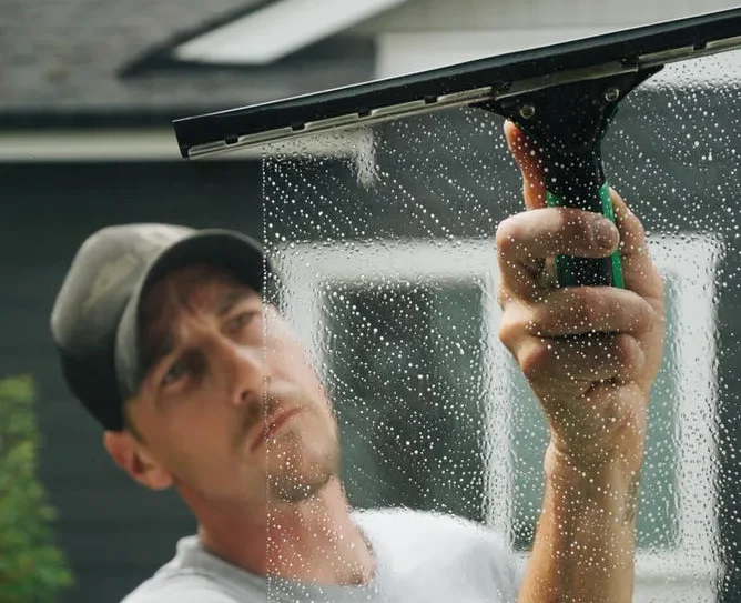 Professional commercial window cleaner using a squeegee on soapy glass in Edgewood WA